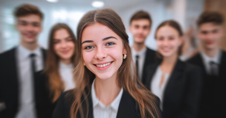 At a corporate networking event, successful businesswoman and businessman socializes with diverse colleagues, emphasizing collaboration in modern office setting.