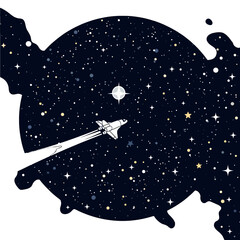 Illustration of Spaceship Flying in Starry Dark Sky Galaxy with Bright Star and White Space Background