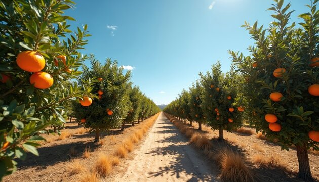 Orchard rows showcase ripe oranges on citrus trees under clear blue sky. Dirt path leads through plantation. Sunny day on farm, showcasing cultivated produce. Healthy food grown in rural countryside. - Powered by Adobe