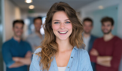 At a corporate networking event, successful businesswoman and businessman socializes with diverse colleagues, emphasizing collaboration in modern office setting.