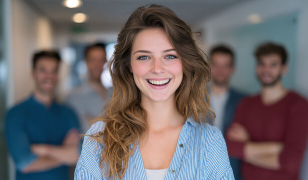 At a corporate networking event, successful businesswoman and businessman socializes with diverse colleagues, emphasizing collaboration in modern office setting.