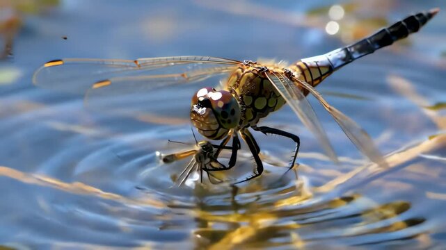 a dragonfly darts across a pond, its compound eyes locking onto a mosquito swarm