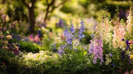 Obraz premium Fresh garden flowers glistening with morning dew, surrounded by soft natural light and greenery.