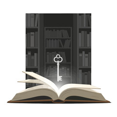 Pixel Art Open Book with Glowing Pages and White Key in Dark Gray Bookshelf Background Illustration
