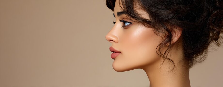 Side Profile of Elegant Woman with Natural Makeup for Skincare and Beauty Brand Advertising on Minimalist Background &acirc;&euro;&ldquo; Side Profile of Woman with Natural Makeup and Glowing Skin on Nude Background