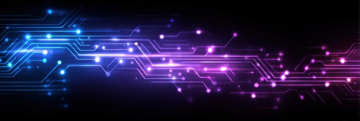 Obraz premium Abstract circuit board design with vibrant blue and purple glowing lines and dots