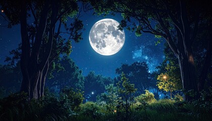 Naklejka premium Full moon in a mystical forest at night