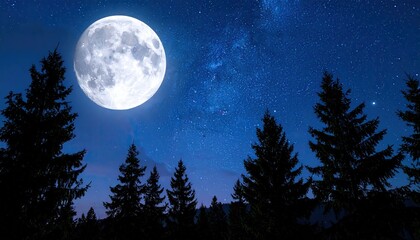 Full moon over a dark pine forest at night. Silhouettes of tall evergreen trees stand against a star-studded night sky, with the vibrant, full moon prominently featured in the center