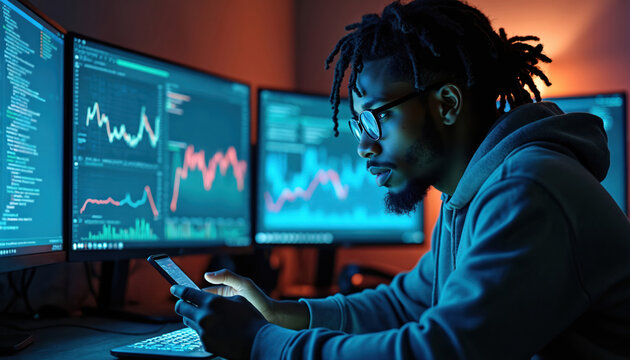 Young man with dreadlocks wears glasses, hoodie, intently studying multiple computer monitors displaying graphs, charts. Holds smartphone, deeply focused on work at dark office desk, suggesting