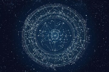 Minimalist vector illustration of a zodiac circle in black and white, floating over a deep navy blue background, with clean linear constellations and geometric alignments forming a celestial wheel 