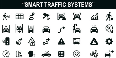 “Smart Traffic Systems Icon Set – Minimal Silhouettes of AI-Powered Mobility, Sensors, Vehicles, and Urban Safety Tools for Infrastructure Design”