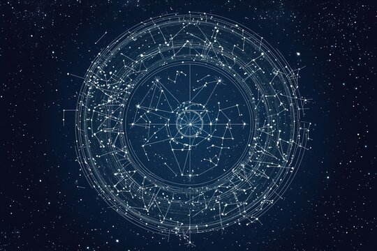 Minimalist vector illustration of a zodiac circle in black and white, floating over a deep navy blue background, with clean linear constellations and geometric alignments forming a celestial wheel 