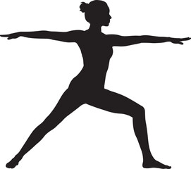 A black silhouette of a woman practicing yoga, standing in a strong warrior pose with her arms and legs outstretched, focused on balance