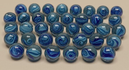 Luminous Blue Whirlpools Encased in Glass Spheres on a Beige Surface
