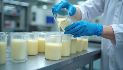 Laboratory technician in blue gloves pours creamy liquid into clear containers. Modern dairy production facility focuses on quality control, testing milk samples for hygiene, viscosity, composition.