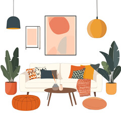 Cozy Living Room Interior with Abstract Art Cream Couch and Potted Plants under Warm Lighting with Orange Accents