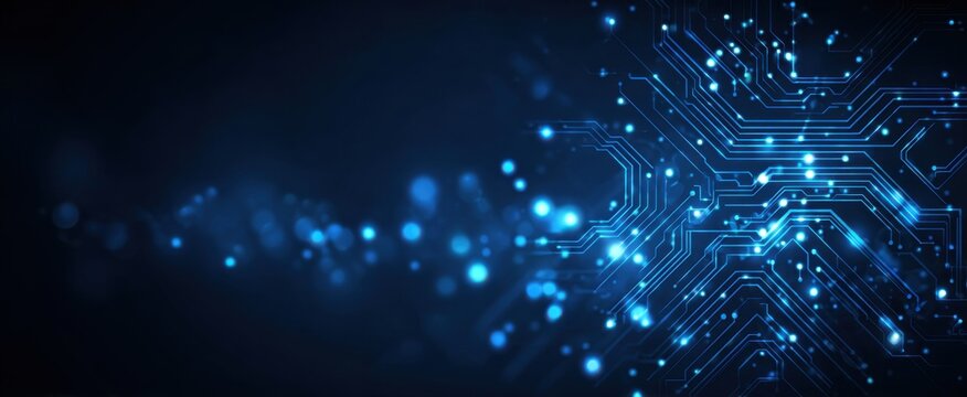 Abstract circuit board with glowing blue lines and particles