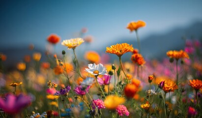 Obraz premium Vibrant wildflower meadow. Sunlight bathes a field of colorful flowers, daisies, and cosmos in soft focus, with a gentle backdrop of hills and a clear sky