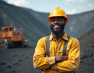 Smiling Afro man in mining gear, hard hat, yellow shirt stands with crossed arms at active mining site. Expresses pride, joy in profession. Heavy machinery operates in background under sunlight,