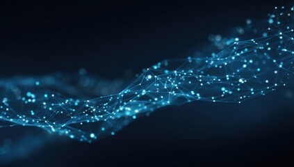 Abstract digital network. Light blue interconnected particles flowing over dark background
