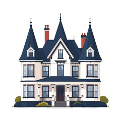 Pixel Art Victorian Era House with Blue Roof and Cream Walls on White Background