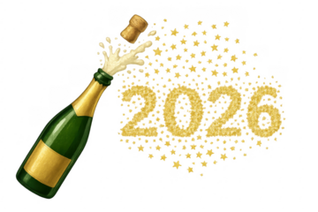 Champagne bottle popping celebrating new year 2026 with golden glitter stars on transparent background