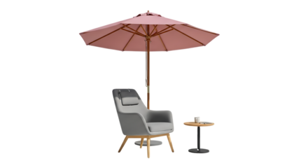 Outdoor lounge chair with umbrella and side table isolated on a transparent background