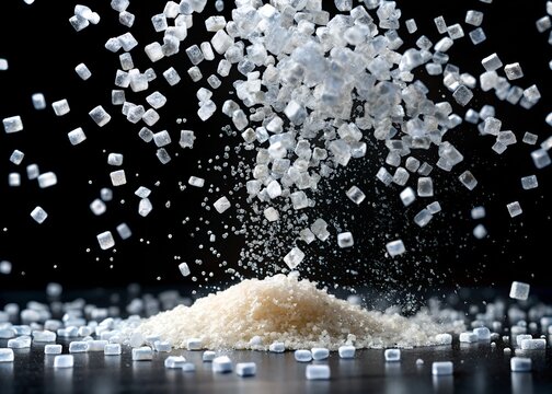 Sweet crystal shower sugar falling from above into piled sweetener food ingredient close up