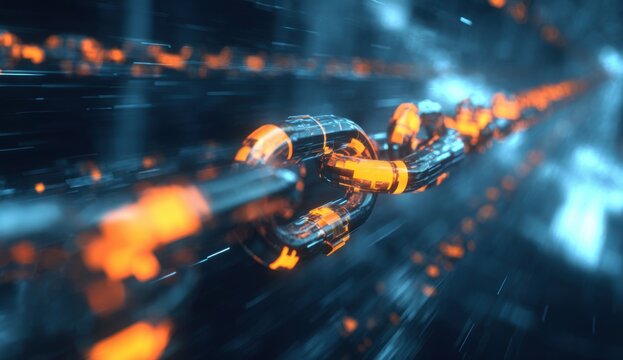 A chain of links, glowing orange and moving rapidly, against a dark, blurry background of data or digital streams