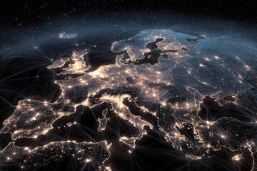 European continent at night, illuminated by city lights, connected by network of lines