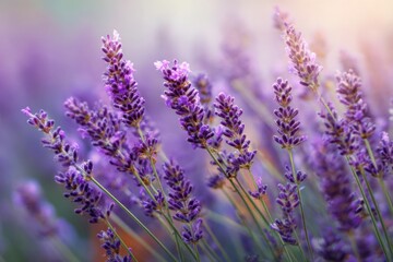 Naklejka premium Close-up of vibrant purple lavender blossoms in soft sunlight
