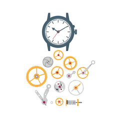 Illustration of an Analog Watch Above a Pile of Gears and Watch Parts on White Background Technical Diagram and Mechanical Parts