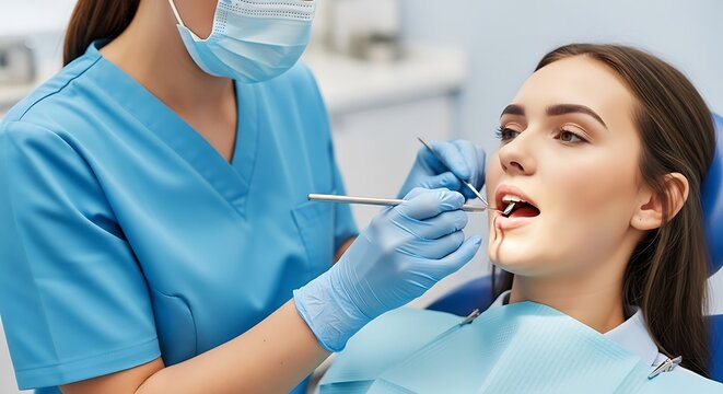 Female dentist in mask and gloves examining young woman's teeth in clinic