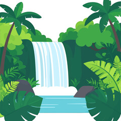 Lush Green Jungle Waterfall Landscape with Tropical Plants and Turquoise Water in Flat Vector Illustration