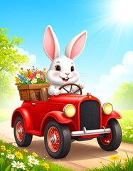 Cute bunny in a red vintage car with flowers