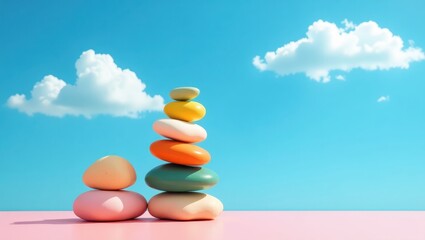 A digitally rendered image showcasing two stacks of pastel-colored, smooth stones against a vibrant blue sky with fluffy white clouds; one stack is taller than the other, 