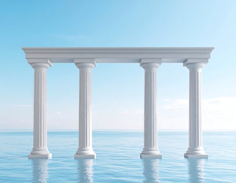 Four white columns in a row form a simple archway over a calm sea