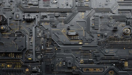 Fototapeta premium Futuristic circuit board detail. Complex, layered, grey, and gold electronic components