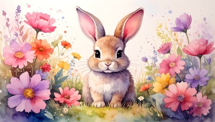 Cute bunny surrounded by vibrant flowers