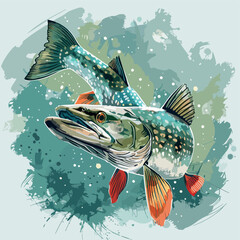 Fototapeta premium illustration, fish, animal, graphic, vector, aquatic, hand drawn, northern pike, colorful, character, cartoon, art, fishing, nature, seafood, isolated, angling, vintage, food, drawing, engraving, line