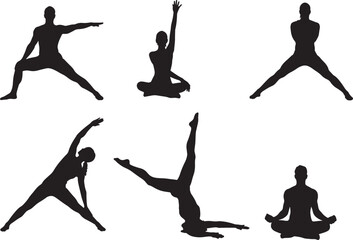 Vector silhouette collection of people doing various yoga and stretching poses, a set of six isolated exercises