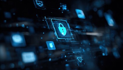 Digital security interface with glowing lock graphic.  Abstract,  technological,  and  glowing interface.  Multiple security icons surround  a prominent lock symbol