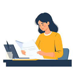 Woman in Yellow Shirt Reading Document at Desk with Laptop and Stationery Over White Background in Vector Illustration Style