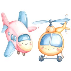 Cute cartoon airplane and helicopter