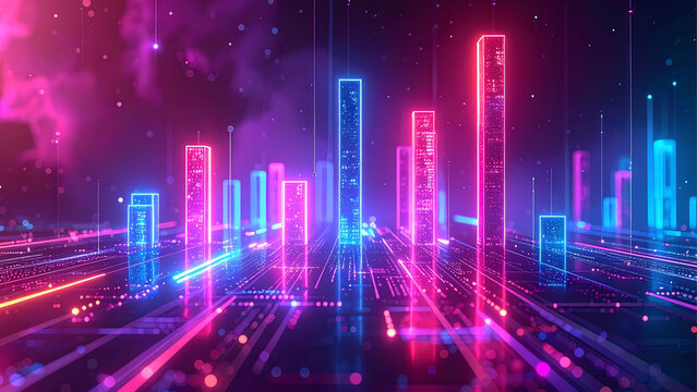 Abstract visualization of a glowing digital city skyline representing cryptocurrency data, blockchain technology, and financial markets