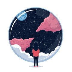 Pixel Art Scene Of A Woman Staring At A Starry Sky With Pink Clouds And A Blue Planet Contained Inside A Clear Bubble