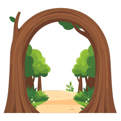 Whimsical Tree Trunk Archway Leading to Verdant Forest Path With Pixelated Style And Sunlight