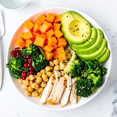 Colorful healthy bowl with various vegetables and protein