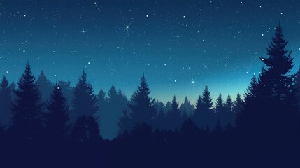 The silhouette of a pine tree under the starry sky is presented as a flat design vector illustration, featuring a blue tone and a starry background, evoking a sense of calm and tranquility.
