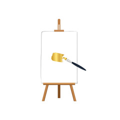 Empty Easel with Golden Paint Stroke on White Canvas in Studio Setting, Simple Drawing, Isolated Against White Background for Artistic Concepts